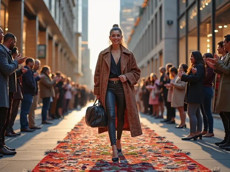 A confident female tailor returns from an international fashion tour, walking through a stylish modern city street. Her loyal cl...