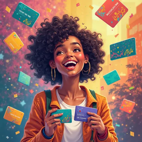 create a picture of happy girl with business colorfull cards make a girl more attractive