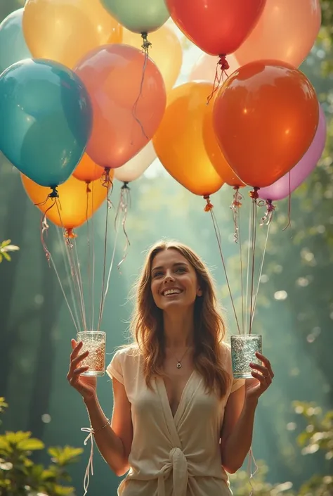 a woman in her thirties, holding a lot of balloons with lot of water glasses in them.