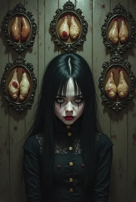 Goth girl with a collection of pairs of mens testicles on plaques on the wall
