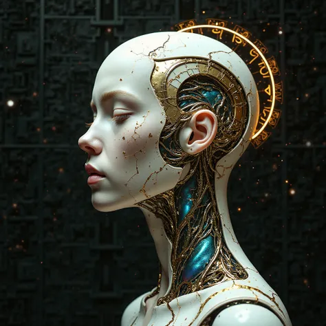 An 8K hyper-photorealistic fine art portrait of a sacred cybernetic being, head and shoulders only, framed like a Renaissance pa...