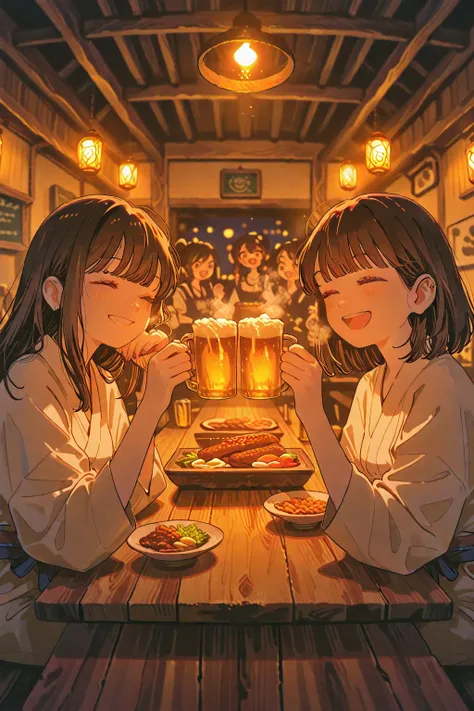 Young women excited at the tavern, lively smile, Moment Toasting with Draft Beer, The lights of a lively izakaya lantern, A live...