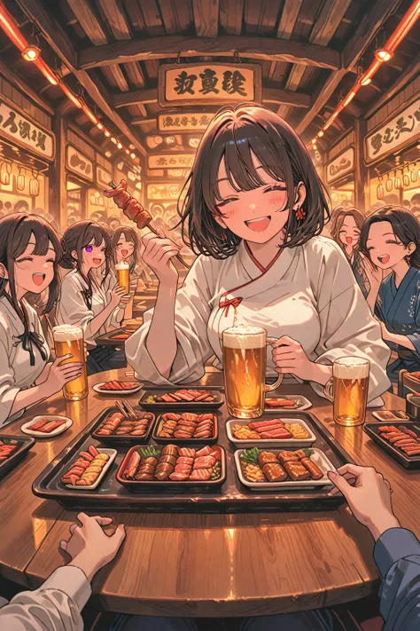 top quality, picture-like depiction, super high resolution, 5 young women excited at a bright izakaya, friendly girls' party sit...
