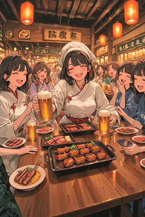 top quality, picture-like depiction, super high resolution, 5 young women excited at a bright izakaya, friendly girls' party sit...