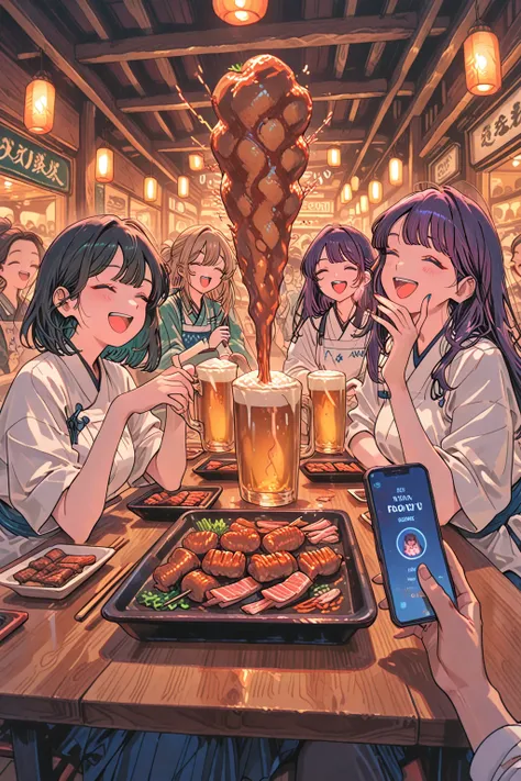 top quality, picture-like depiction, super high resolution, 5 young women excited at a bright izakaya, friendly girls' party sit...