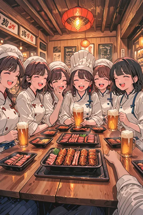 top quality, picture-like depiction, super high resolution, 5 young women excited at a bright izakaya, friendly girls' party sit...