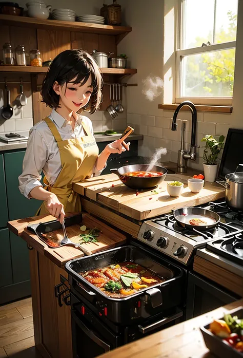One housewife,  first half of 30, wearing an apron, clean clothes, bright expression, kind smile, Shorthair, wedding rings, Gest...