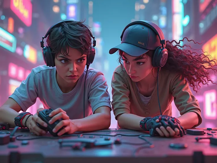 deux hommes super fort au jeux vidéos un avec une casquette a l'envers et un autre avec les cheveux bouclées long jusqu'au épaul...