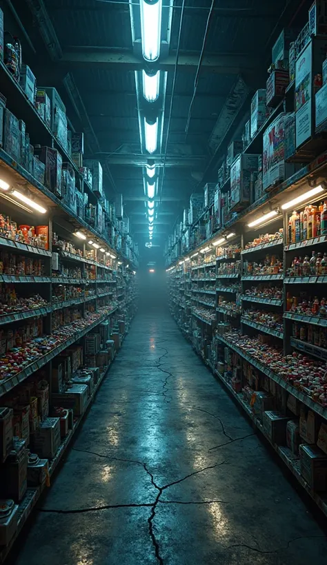 very large black market, without lighting, with several aisles and shelves with toys, and in front of toys in front of me, super...