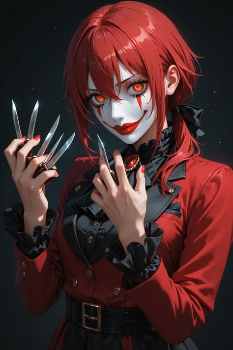 A killer clown dressed in red and black and red hair in anime style with knives in his hands