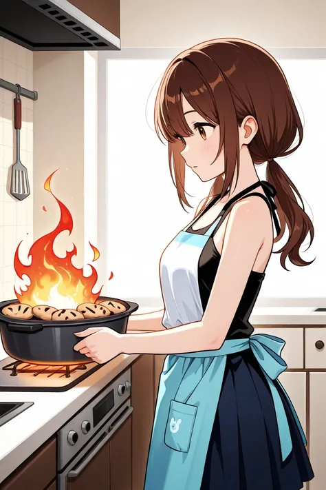 reddish brown hair、Fire Magic、Yangcha、apron、summer、skirt、Bright clothes、kitchen、Bake cookies in the oven