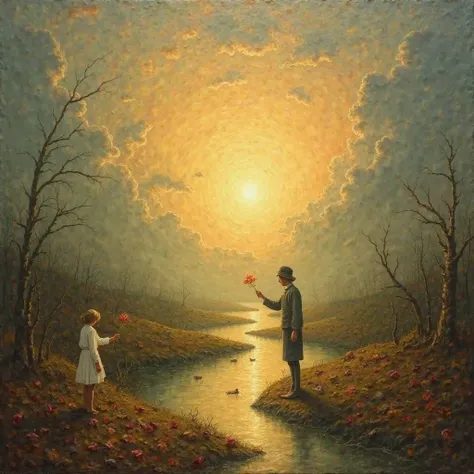 A melancholic, symbolic Romantic landscape painting in the style of 19th-century art. A glowing, ethereal sunset breaks through ...