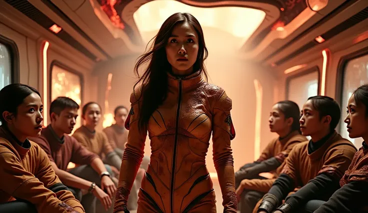 A fierce human woman in a scorched space suit, covered in sweat and ash, stands confidently in the middle of a burning futuristi...