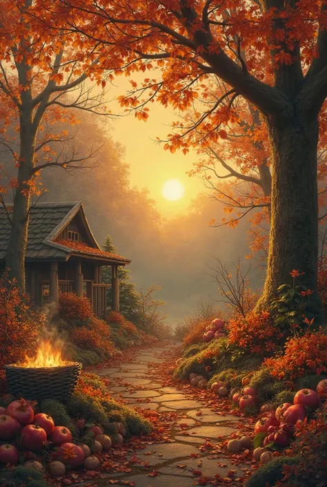 The scent of the Mabon holiday , autumn fire smoke, warm evening , apples, walnuts, oak moss, Autumn Flowers,