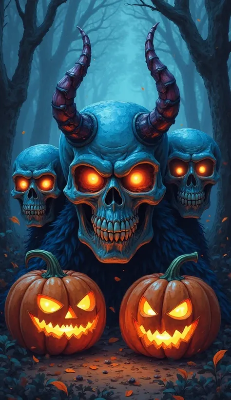 there are three pumpkins with glowing eyes and a demon face, halloween art style, scary detailed art in color, halloween atmosph...