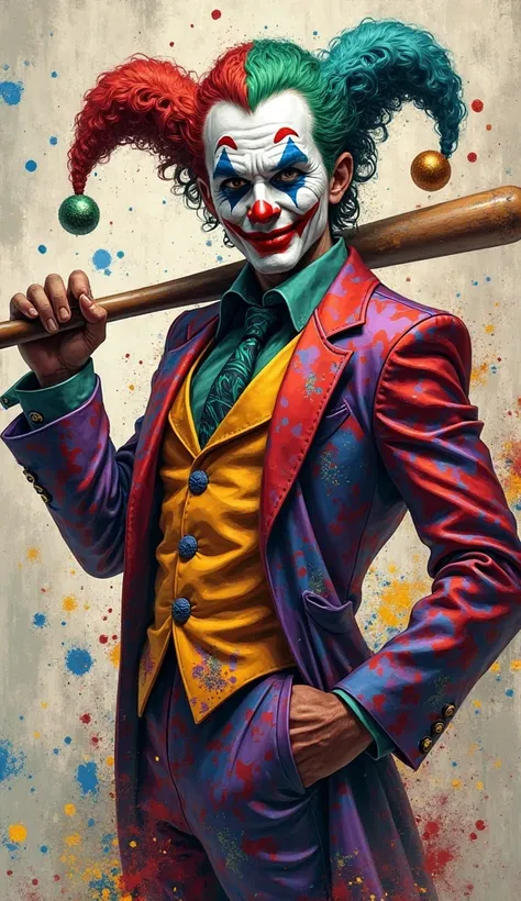 A guy with the same appearance and color palette as Harlequin, mixed with some colors of the Joker , holding a bat and anime-s...