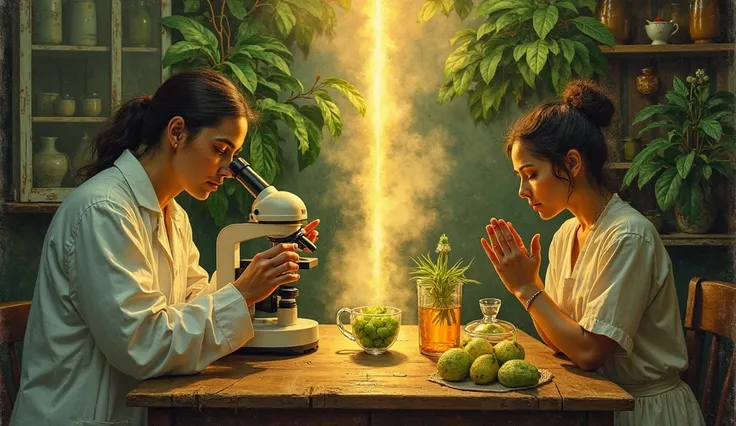 “Split scene: laboratory with scientists examining soursop leaves under a microscope, contrasted with an old kitchen where a wom...