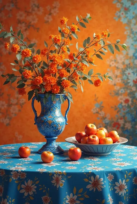 A vase with orange flowers and orange leaves, a bowl of apples on a table with a blue floral tablecloth, orange and blue backgro...