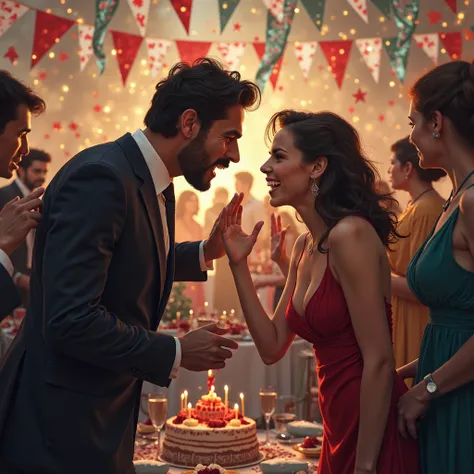 a conflict between a man and a woman at a birthday party and many guests nearby
