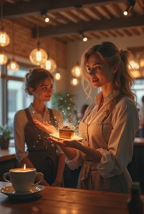 Two sexy girls wearing tight and stylish café uniforms in a cozy, modern coffee shop. One girl is at the checkout, smiling while...