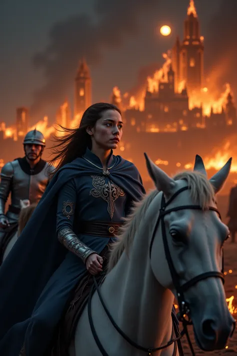 Epic fantasy night scene: Close-up emotional escape - Princess and guards in detailed foreground galloping away from burning cit...