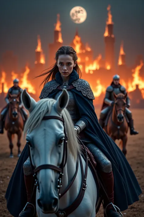 Epic fantasy night scene: Close-up emotional escape - Princess and guards in detailed foreground galloping away from burning cit...