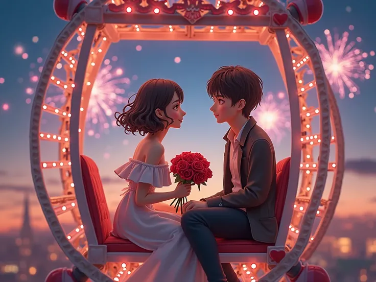 3D anime-style figurine scene of a couple seated in a Ferris wheel gondola at night, with LED-like romantic lights all around. G...