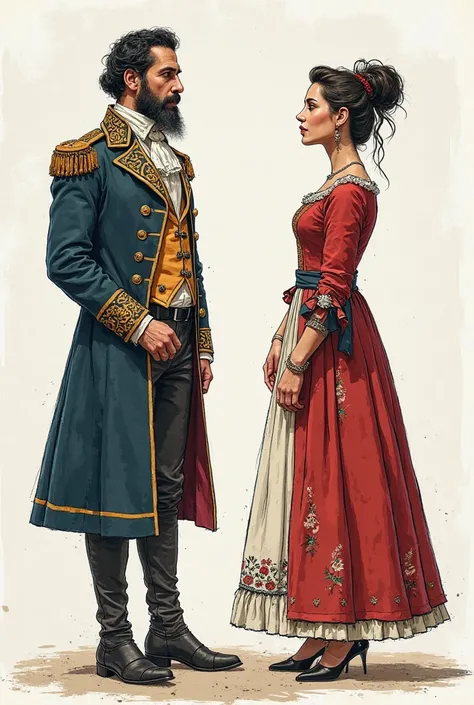 You can make a man and a woman both face up to the front that the man is dressed like Simon Bolivar with a face of doubt and the...