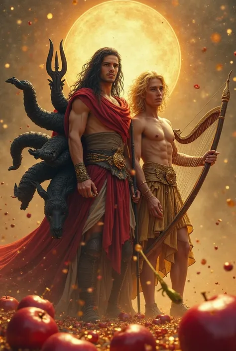 young man with long black hair wearing warrior clothes and a red robe on top holding a three-headed black cerberus dog with his ...