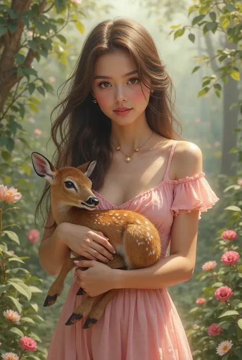 I want a real woman with long brown hair wearing a pink dress with wide short sleeves and holding a real little deer in her hand...
