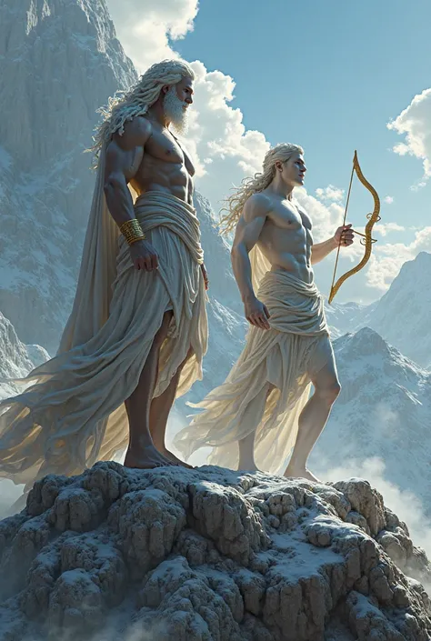Create three-dimensional image of the gods Poseidon with his trident and Apollo with his bow on Mount Olympus 