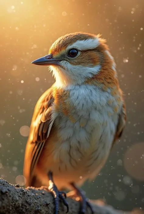 A mesmerizing close-up portrait of a gorgeous little bird illuminated by the soft, golden light of a tranquil morning, with vibr...