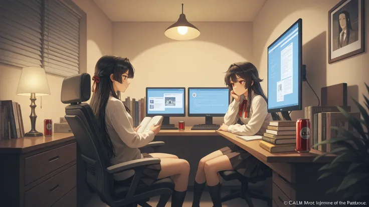 Prompt: Phuong Moc is sitting in a room, can be a private room or library, all around are books on pathology and psychological. ...