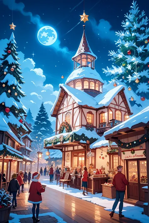 Christmas Market at Night, it snows, Warm Lighted Square, German Style Wooden Architecture, Sparkling Decoration, Mulled Wine St...