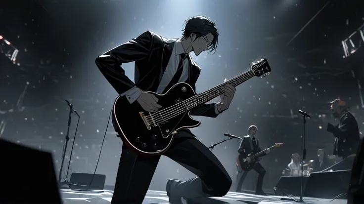 one mature gangster playing guitar on stage in London . black suit white shirt black tie. The image must be in 8k. rainy grey ...
