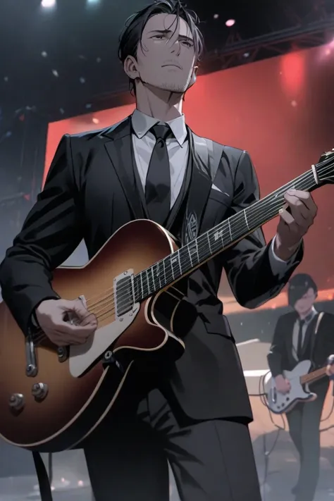 one mature man playing guitar on stage in London . black suit white shirt black tie. stubbles The image must be in 8k. rainy ...