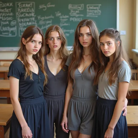  real full body photo, 4 incredibly breasted noticebly young Slovak girls with cute innocent and scared faces, Thin bodies,  and...