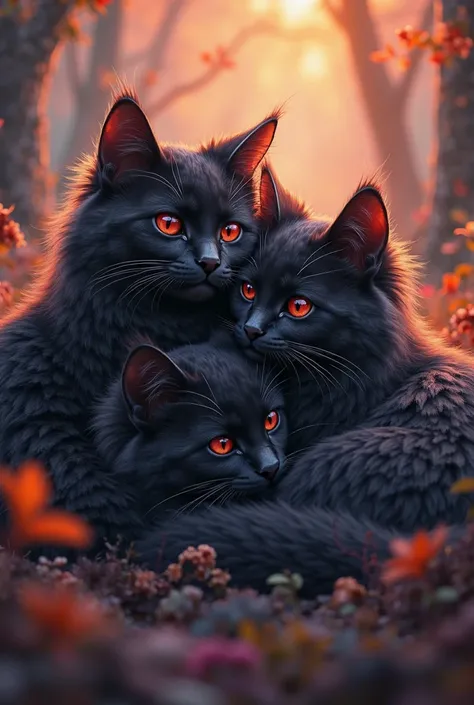 Discord server pfp a group of black mainecoons with red eyes and bows at the left ears. Cuddling in a glowing forest