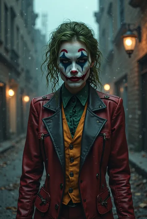 Jolie femme dans une tenue du Joker avec un univers sombre style Gotham. Style real life. Ultra réaliste. 