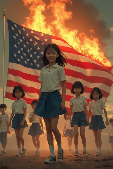 Create the image of eight Korean girls dancing without legs while behind them there is a burning American flag and four crying b...
