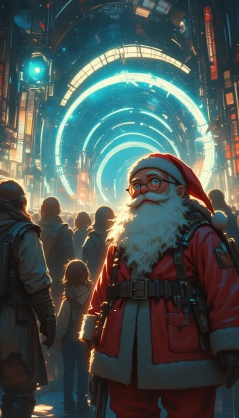 A train station full of glowing portals People with clothes from different periods some in futuristic clothes others in medieval...