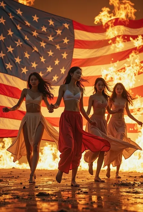 Create the image of four adult Korean girls dancing while the American flag burns behind them
