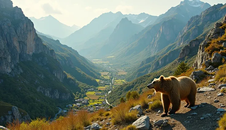 Breathtaking Picos de Europa mountain range, dramatic limestone peaks reaching 2,648 meters, rugged alpine landscape of northern...
