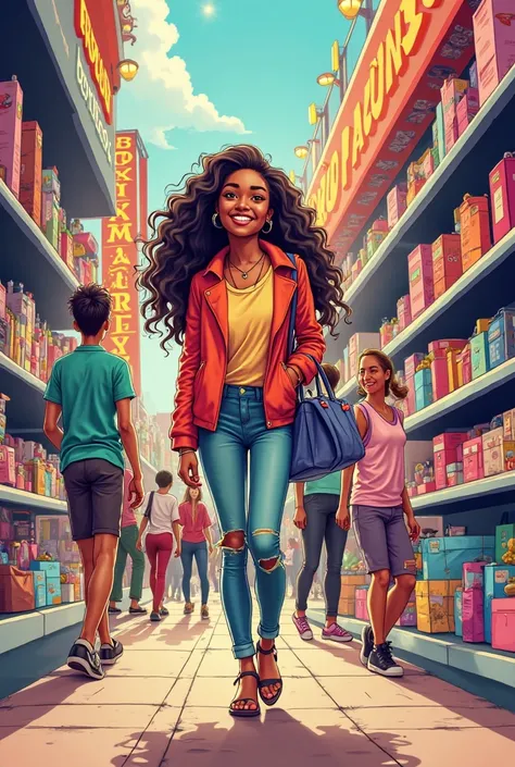 comic strip showing young woman shopping in store