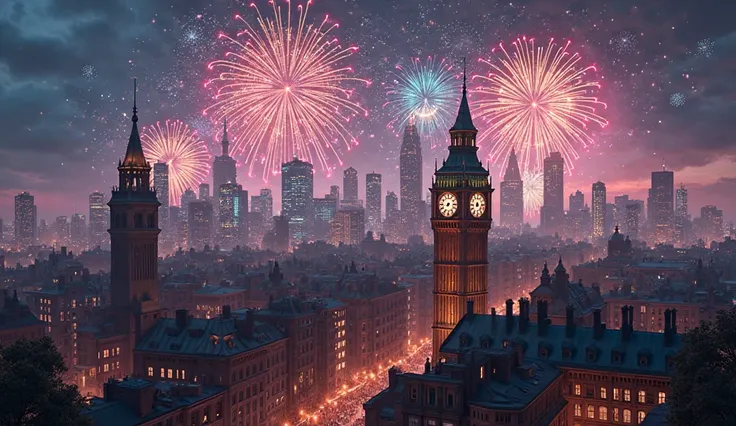 City skyline glowing under vibrant fireworks as clock strikes midnight