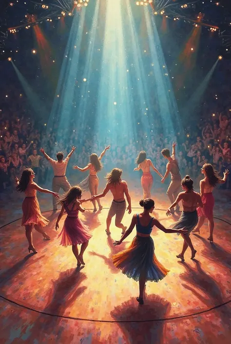 I want you to make a sketch for me distributing 8 dance couples on a stage of 8 x 6 M2 
