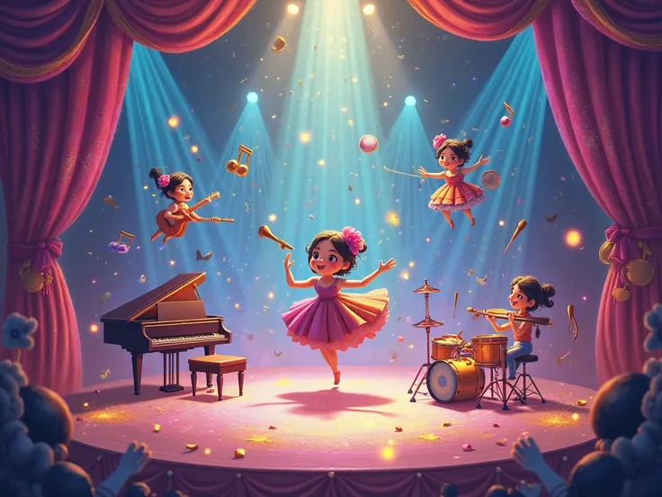 Create art for the musical game with a colorful stage with musical curtains and floating magic instruments