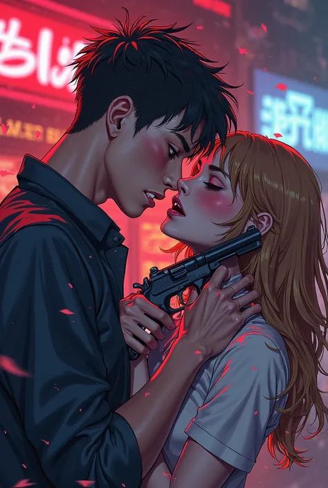 At Pico de Friday Night Funkin with a gun in his mouth kissing and sucking her and blushing excited face in 2D
