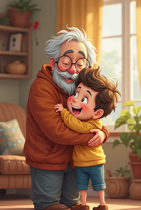 Cartoon of a boy hugging his grandfather