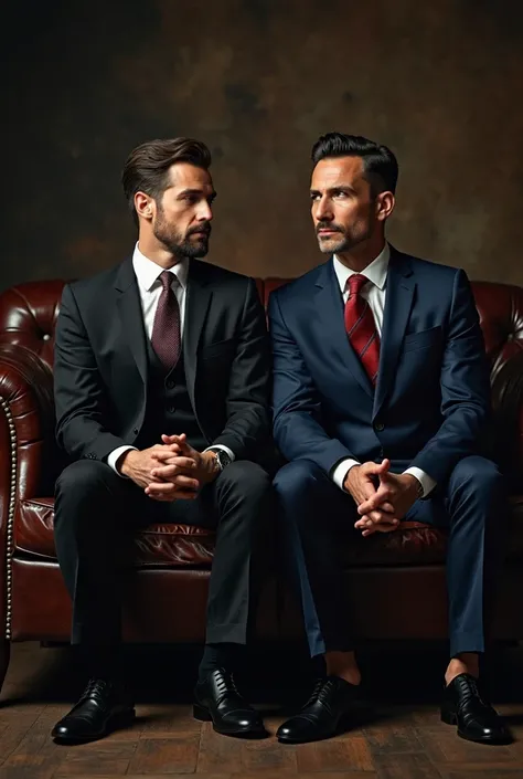 prompt
Two professional actors in a staged theatrical scene, sitting on an elegant vintage leather sofa, dramatic studio lightin...